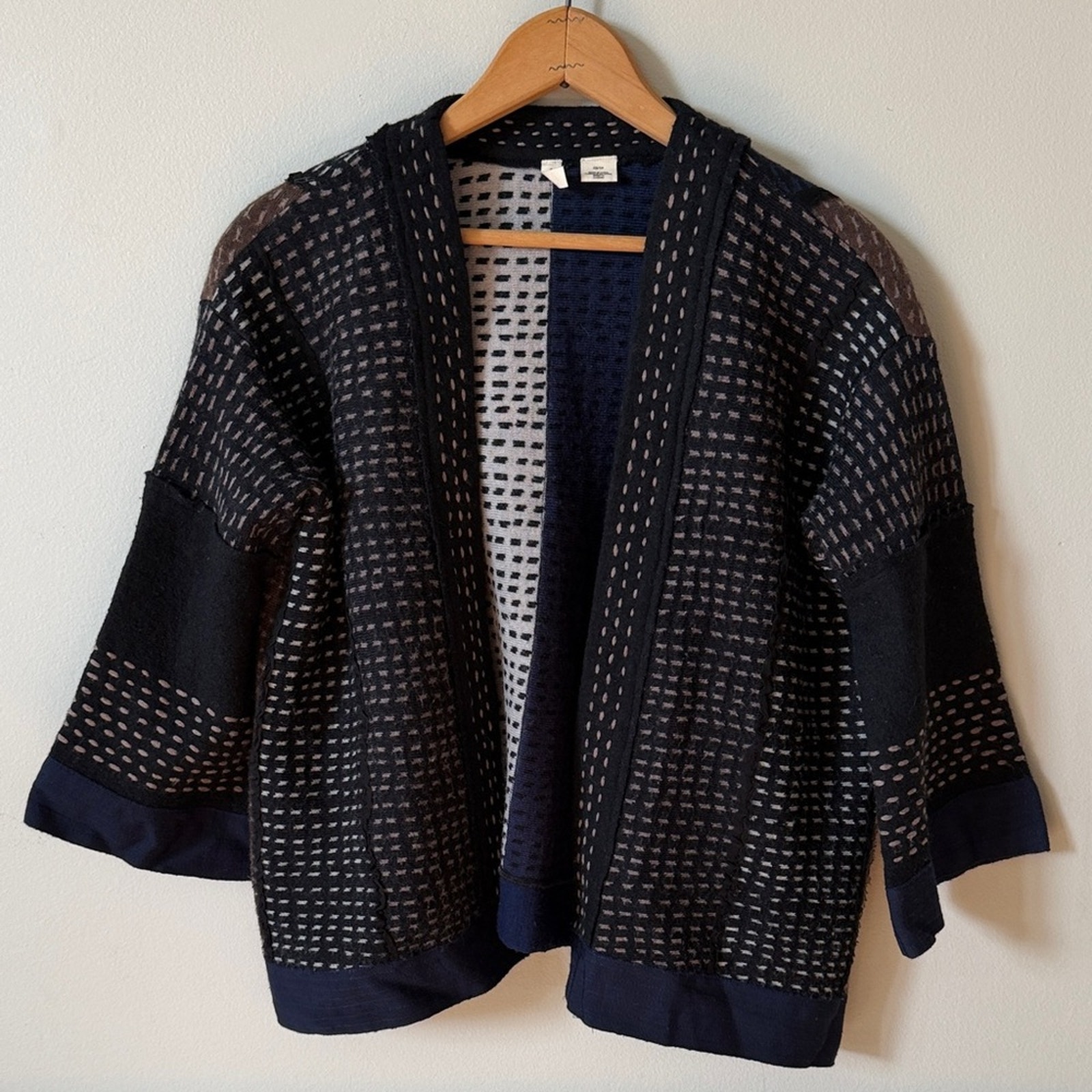 Anthropologie Moth Wool Blend Navy & Black Textured Pattern Open Cardigan Xs
